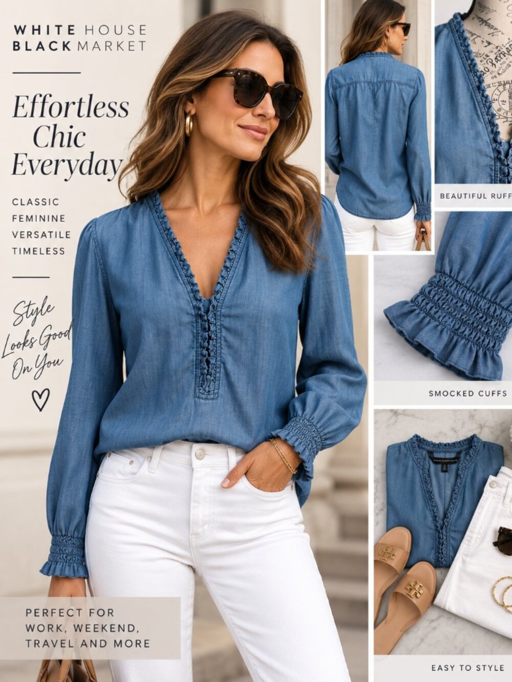NWT White House Black Market Chambray Ruffle Blouse Blue Size S